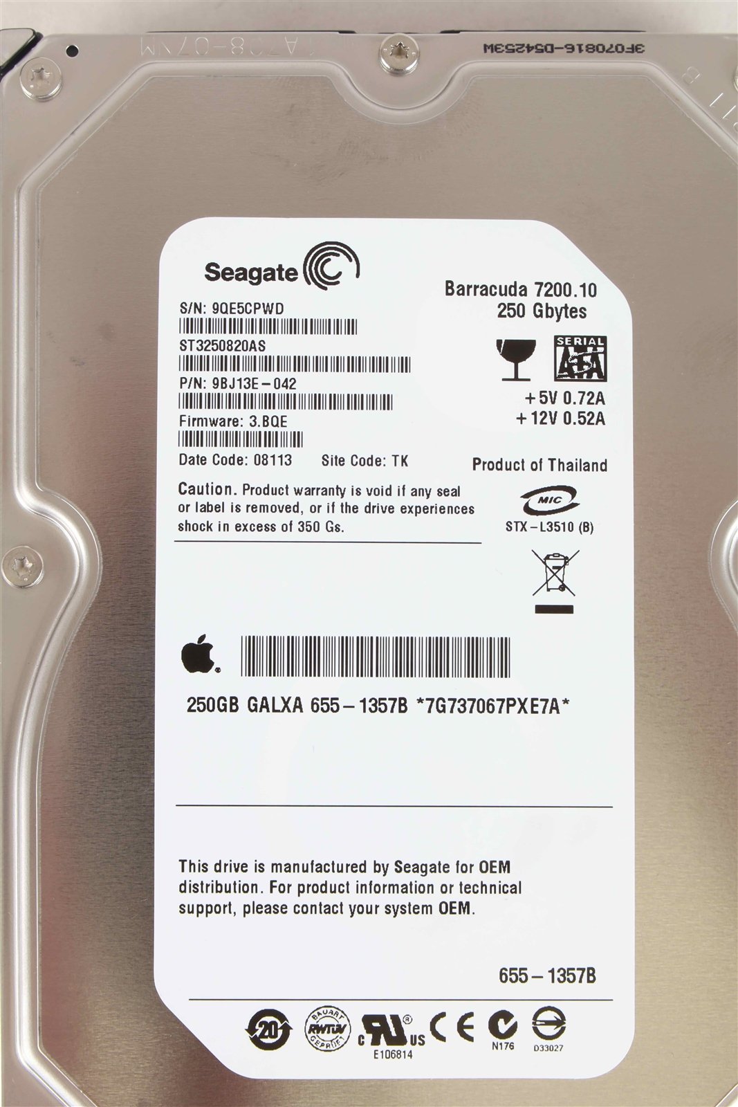 APPLE GALXA 250GB SEAGATE BARRACUDA 7200.10 ST3250820AS SATA HARD DRIVE 655-1357