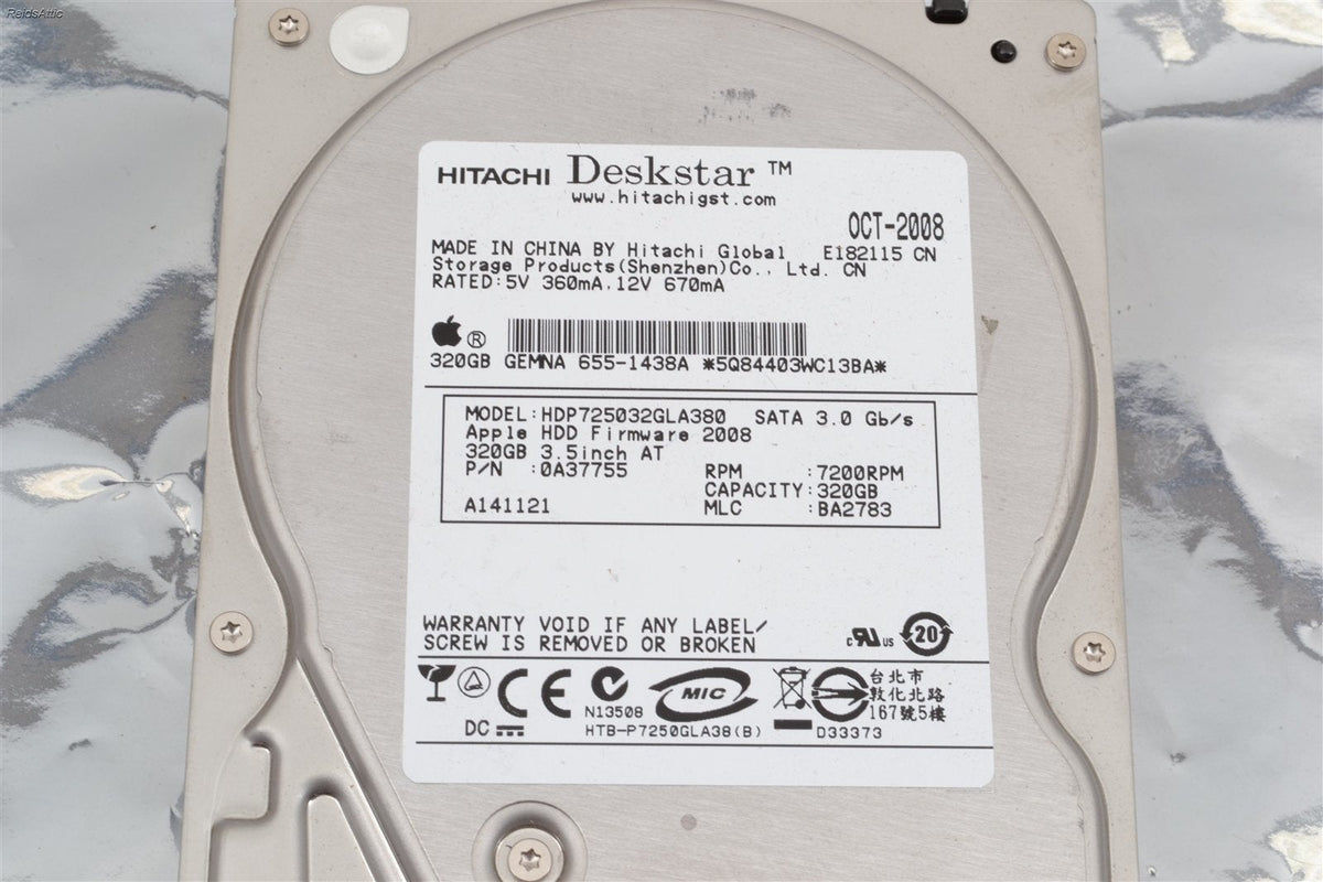 Apple / Hitachi Hard Drive HDP725032GLA380 7200 RPM 320 GB P/N 655-1438