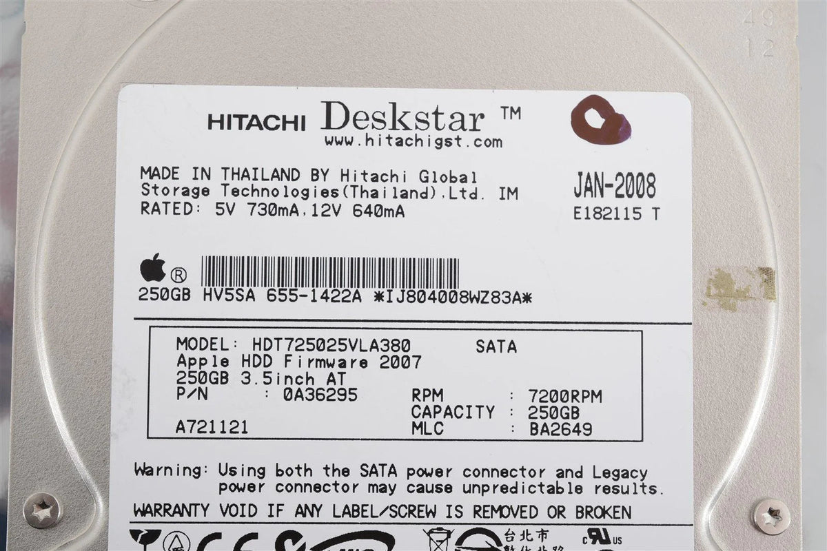 Apple iMac A1224 Hard Drive 250GB 7200 RPM HDT725025VLA380 655-1422