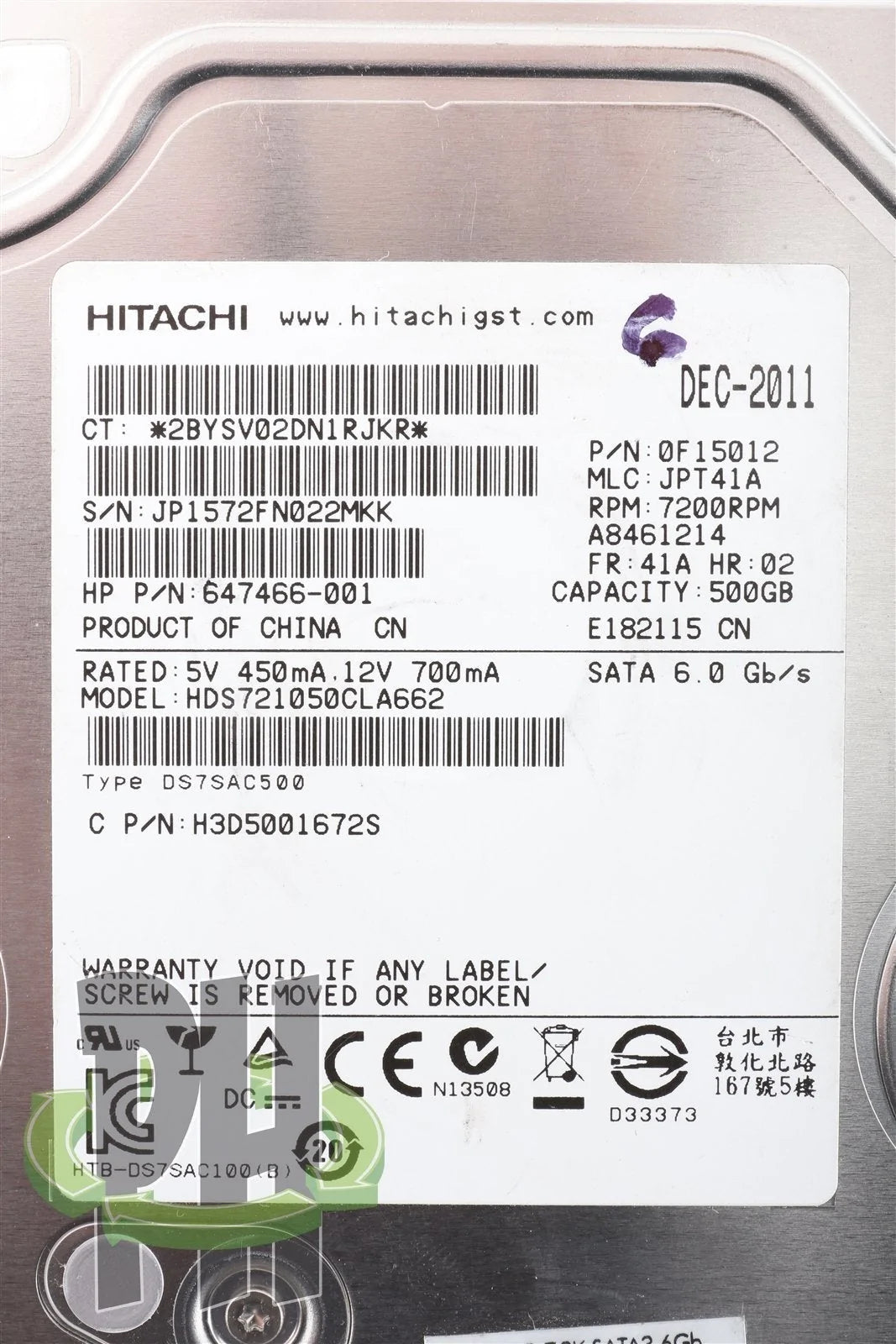 Hitachi Hard Drive HDS721050CLA662 7200 RPM 500 GB 6.0Gb/s