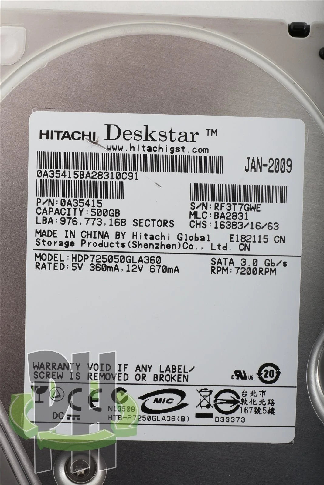 Hitachi Hard Drive HDD HDP725050GLA360 3.5&quot; 7200 RPM 500 GB Formatted for Apple