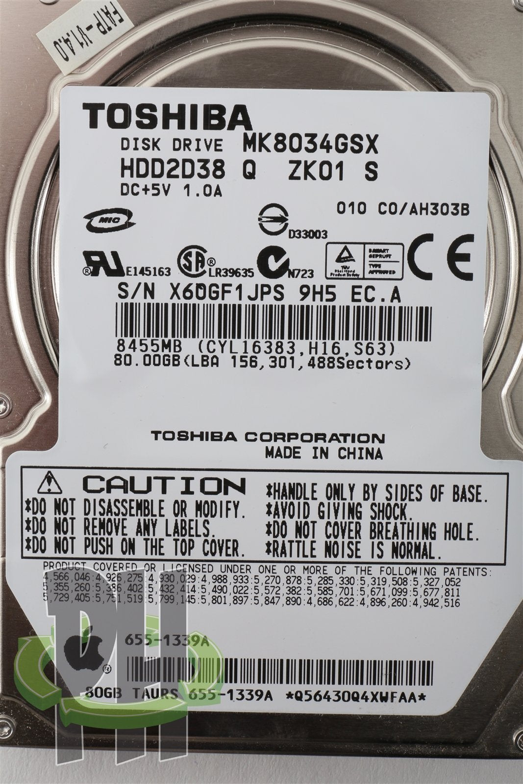 Apple OEM Toshiba 2.5&quot; Hard Drive MK8034GSX 80GB 655-1339