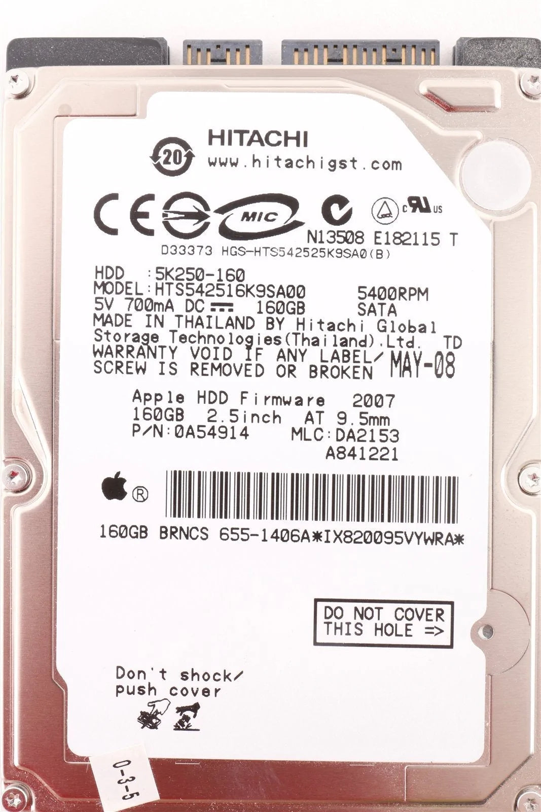 Apple / Hitachi 2.5 inch Hard Drive hts542516K9SA00 5400 RPM 160 GB P/N 655-1406