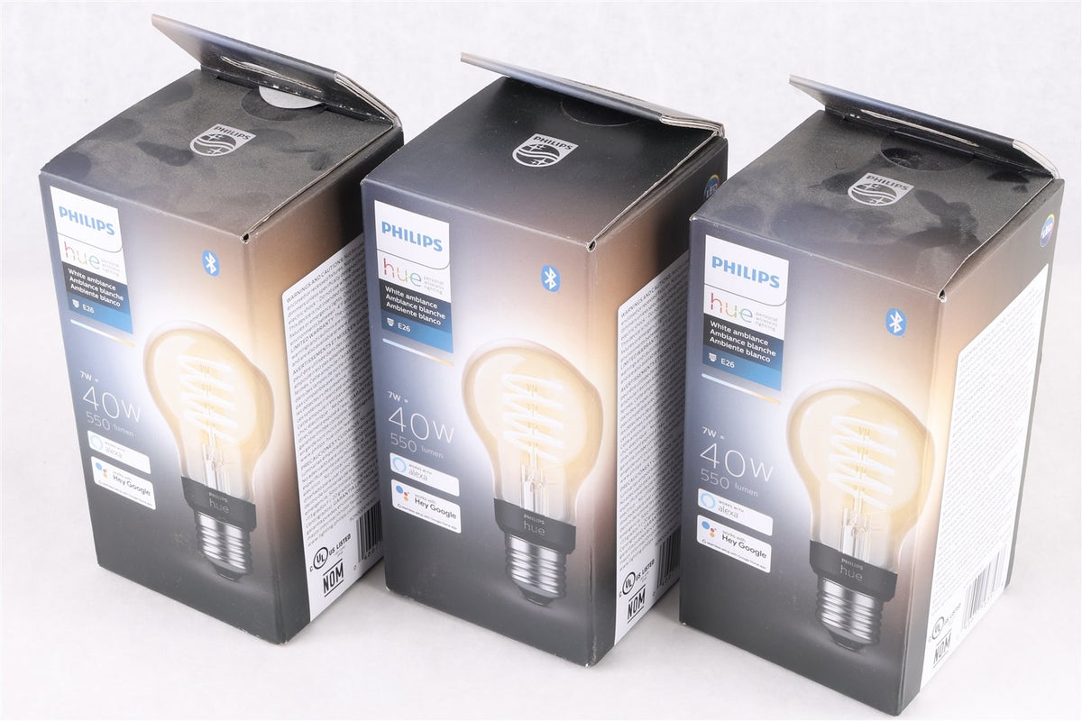 3X Philips Hue Dimmable Warm White Vintage Smart A19 Spiral LED Bulb, Bluetooth